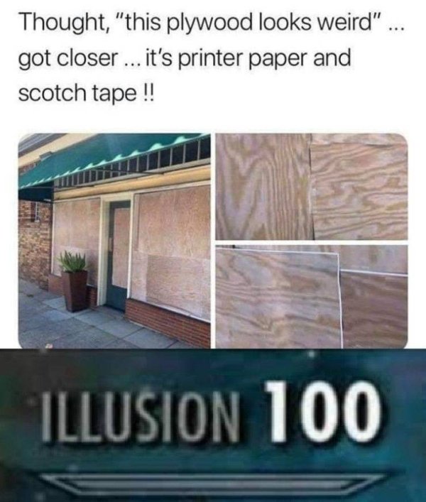 illusion 100 meme - Thought, "this plywood looks weird" ... got closer ... it's printer paper and scotch tape !! S Illusion 100