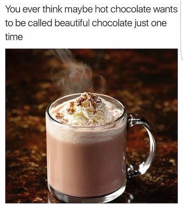 hot chocolate memes - You ever think maybe hot chocolate wants to be called beautiful chocolate just one time