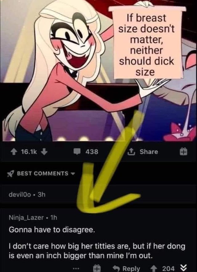 hazbin hotel charlie succubus - If breast size doesn't matter, neither should dick size 438 E Best deviloo 3h Ninja_Lazer. 1h Gonna have to disagree. I don't care how big her titties are, but if her dong is even an inch bigger than mine I'm out. 4 204 V