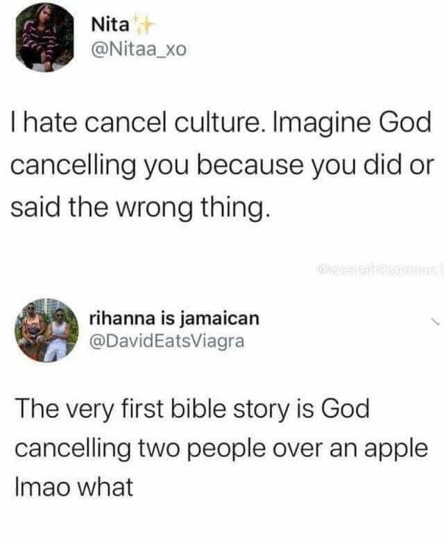 Online shaming - Nita I hate cancel culture. Imagine God cancelling you because you did or said the wrong thing. rihanna is jamaican EatsViagra The very first bible story is God cancelling two people over an apple Imao what