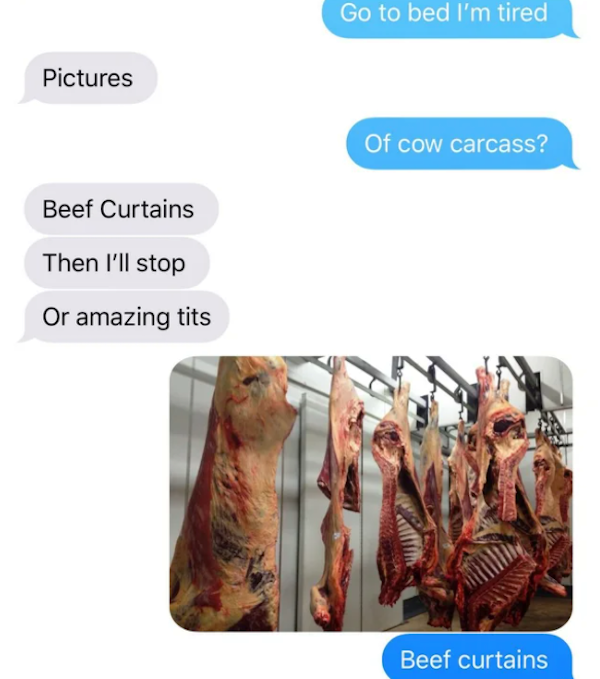 picture. of cow carcasses? beef curtains. then i'll stop. or amazing tits. beef curtains