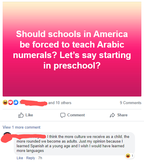 Should schools in America be forced to teach Arabic numerals? Let's say starting in preschool?  I think the more culture we receive as a child, the more rounded we become as adults. just my opinion because I learned spanish at a young age