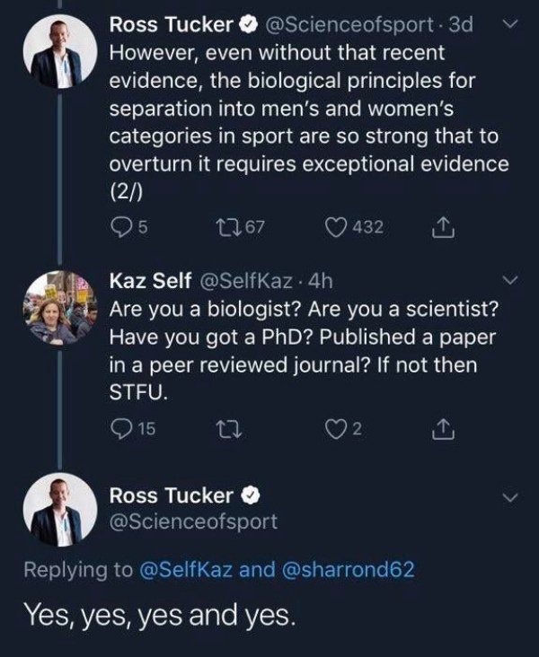 screenshot - Ross Tucker . 3d However, even without that recent evidence, the biological principles for separation into men's and women's categories in sport are so strong that to overturn it requires exceptional evidence 27 5 1767 432 Kaz Self .4h Are yo