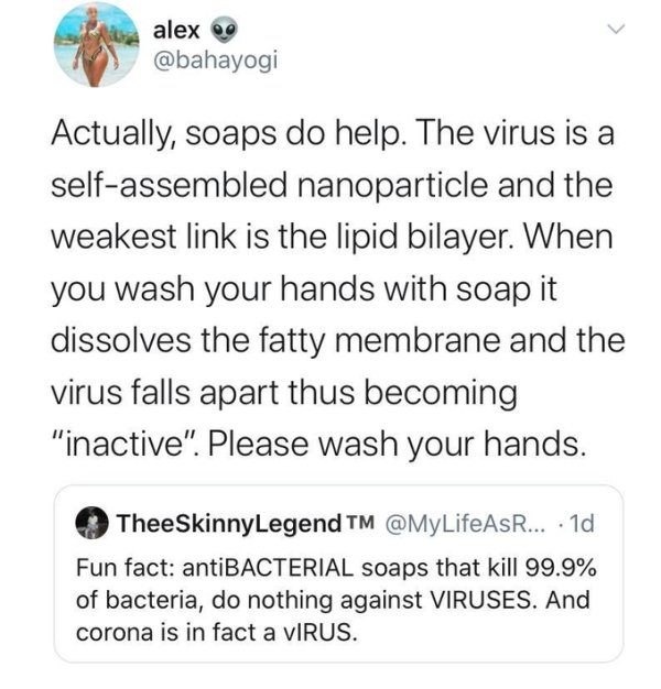 girls named megan are the worst - alex Actually, soaps do help. The virus is a selfassembled nanoparticle and the weakest link is the lipid bilayer. When you wash your hands with soap it dissolves the fatty membrane and the virus falls apart thus becoming