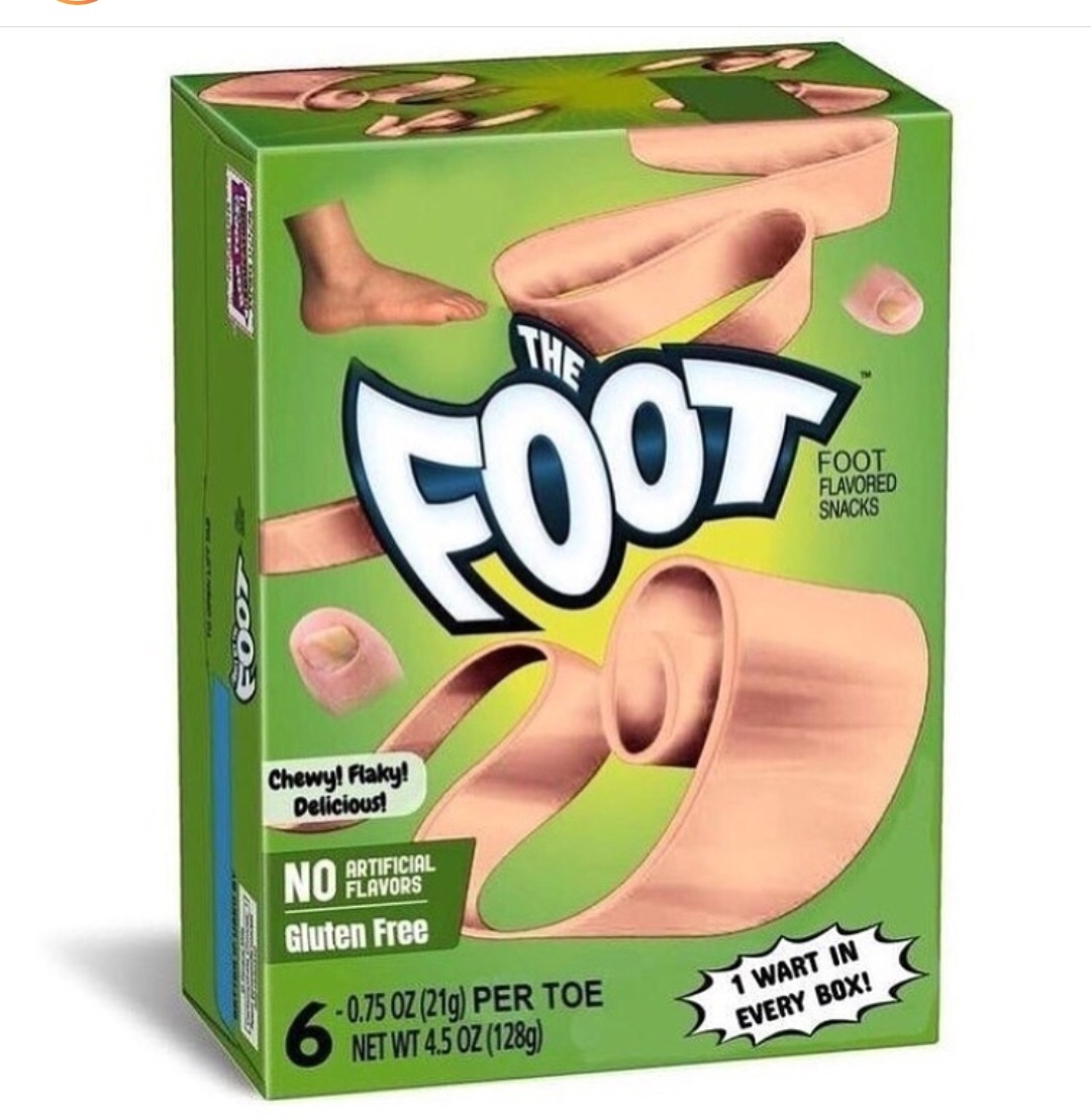 Foot Foot Flavored Snacks Chewy! Flaky! Delicious! Artificial No Flavors Gluten Free 1 Wart In Every Box!
