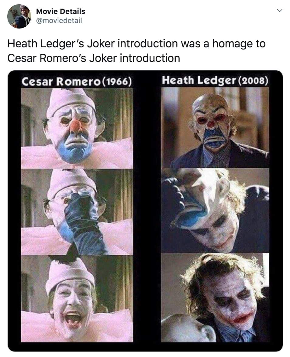 Movie Details Heath Ledger's Joker introduction was a homage to Cesar Romero's Joker introduction Cesar Romero 1966 Heath Ledger 2008