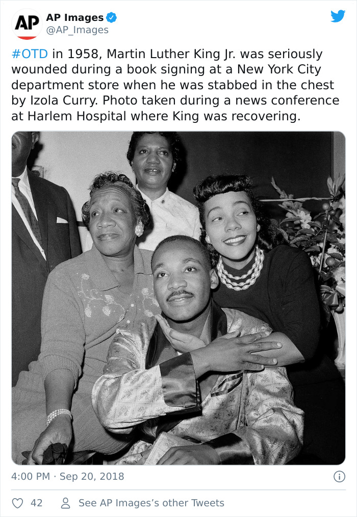 in 1958, Martin Luther King Jr. was seriously wounded during a book signing at a New York City department store when he was stabbed in the chest by Izola Curry. Photo taken during a news conference at Harlem Hospital