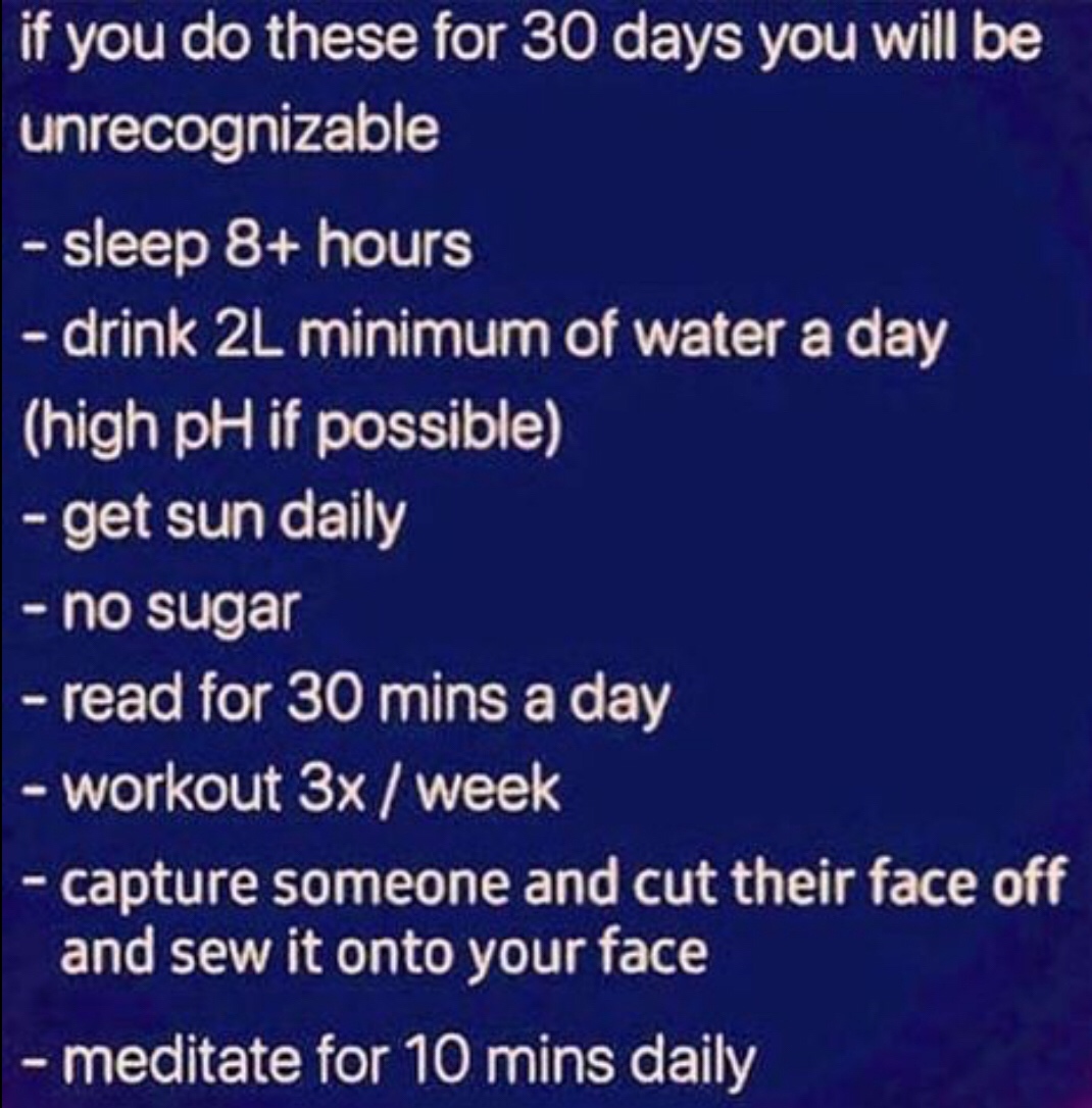 accessibility - if you do these for 30 days you will be unrecognizable sleep 8 hours drink 2L minimum of water a day high pH if possible get sun daily no sugar read for 30 mins a day workout 3x week capture someone and cut their face off and sew it onto y