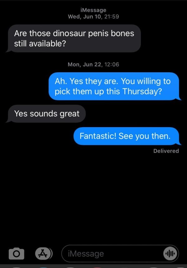 screenshot - iMessage Wed, Jun 10, Are those dinosaur penis bones still available? Mon, Jun 22, Ah. Yes they are. You willing to pick them up this Thursday? Yes sounds great Fantastic! See you then. Delivered iMessage