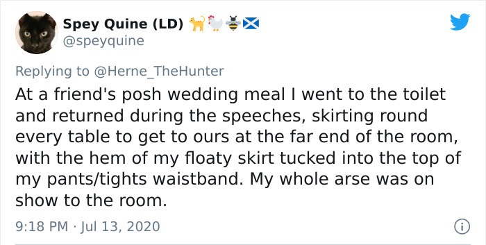 Spey Quine Ld At a friend's posh wedding meal I went to the toilet and returned during the speeches, skirting round every table to get to ours at the far end of the room, with the hem of my floaty skirt tucked into the top of my pantstights waistband. My…