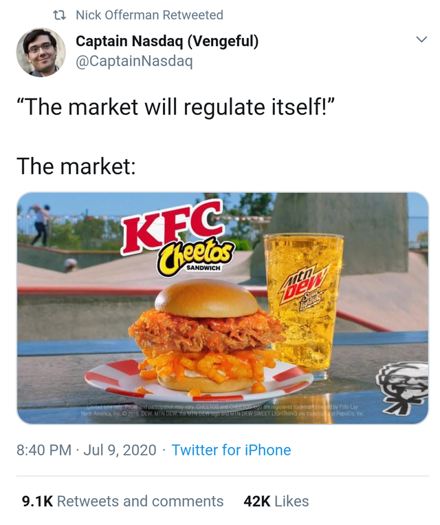market will regulate itself the market meme - 22 Nick Offerman Retweeted Captain Nasdaq Vengeful The market will regulate itself!" The market Kfc Cheetos Mtn Det onlyPre participeron may vary. Cheetos and Cheetos go are rughered trademarks by Frito Lay No