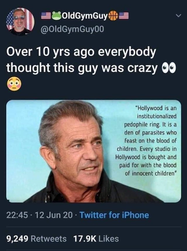 mel gibson 20 - 3 S OldGymGuy 10. Guyoo Over 10 yrs ago everybody thought this guy was crazy Oo "Hollywood is an institutionalized pedophile ring. It is a den of parasites who Feast on the blood of children. Every studio in Hollywood is bought and paid fo