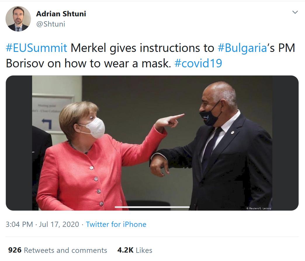 Angela Merkel - Adrian Shtuni Merkel gives instructions to 's Pm Borisov on how to wear a mask. . Twitter for iPhone 926 and