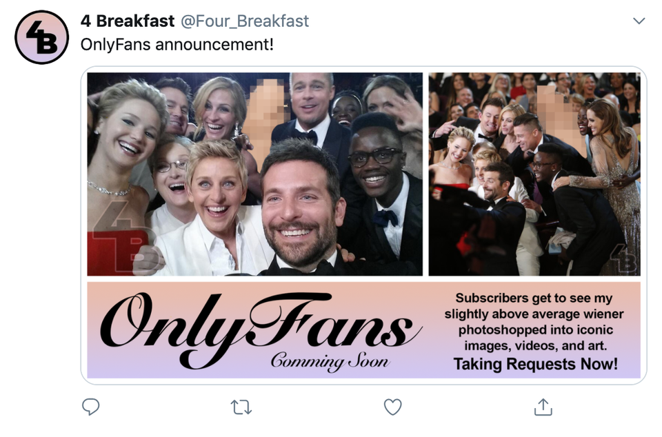 friendship - 4 Breakfast $ OnlyFans announcement! OnlyFans Subscribers get to see my slightly above average wiener photoshopped into iconic images, videos, and art. Taking Requests Now! Comming Soon