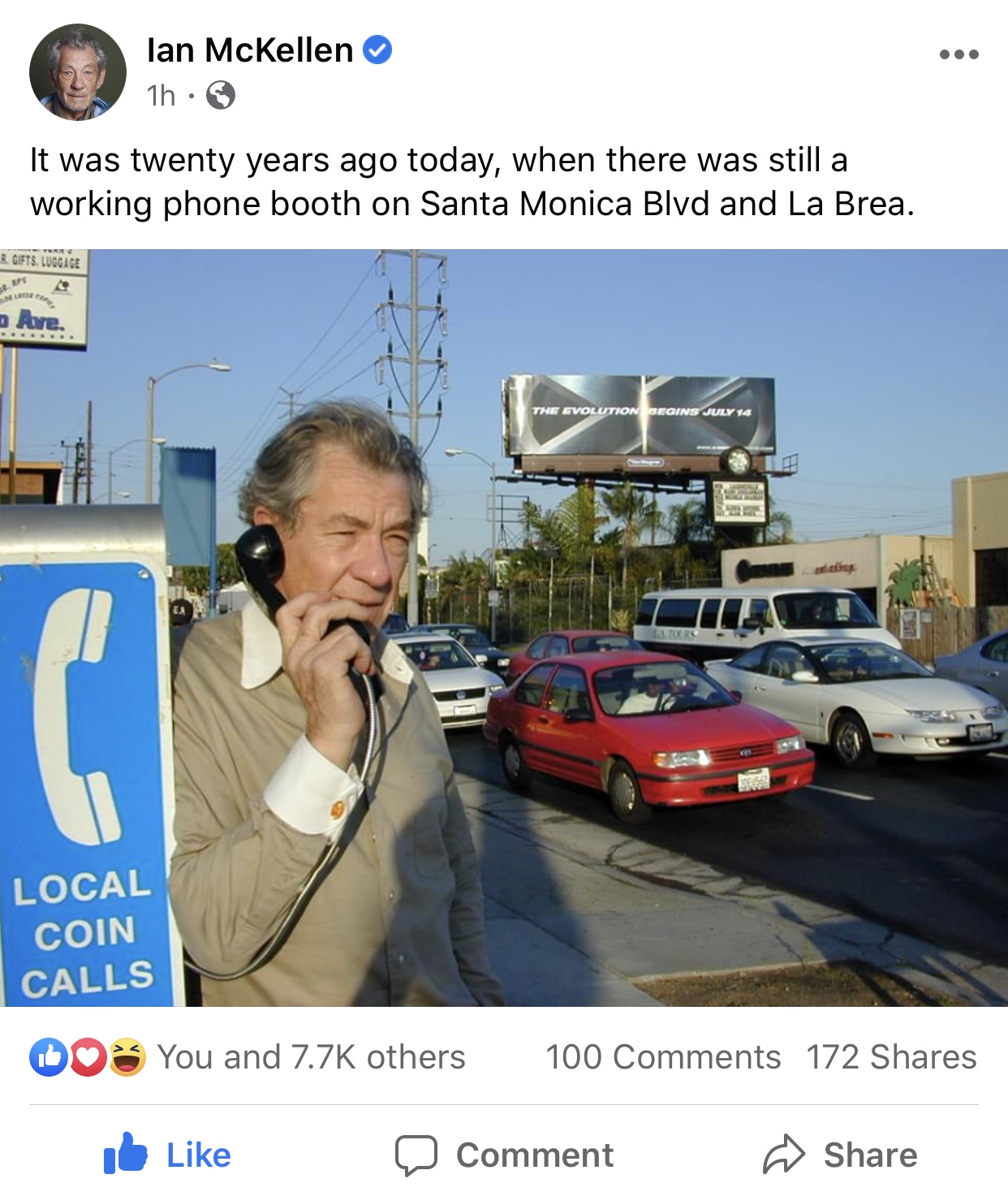 car - Ian McKellen 1h. It was twenty years ago today, when there was still a working phone booth on Santa Monica Blvd and La Brea. A. Local Coin Calls You and others 100 172 Comment