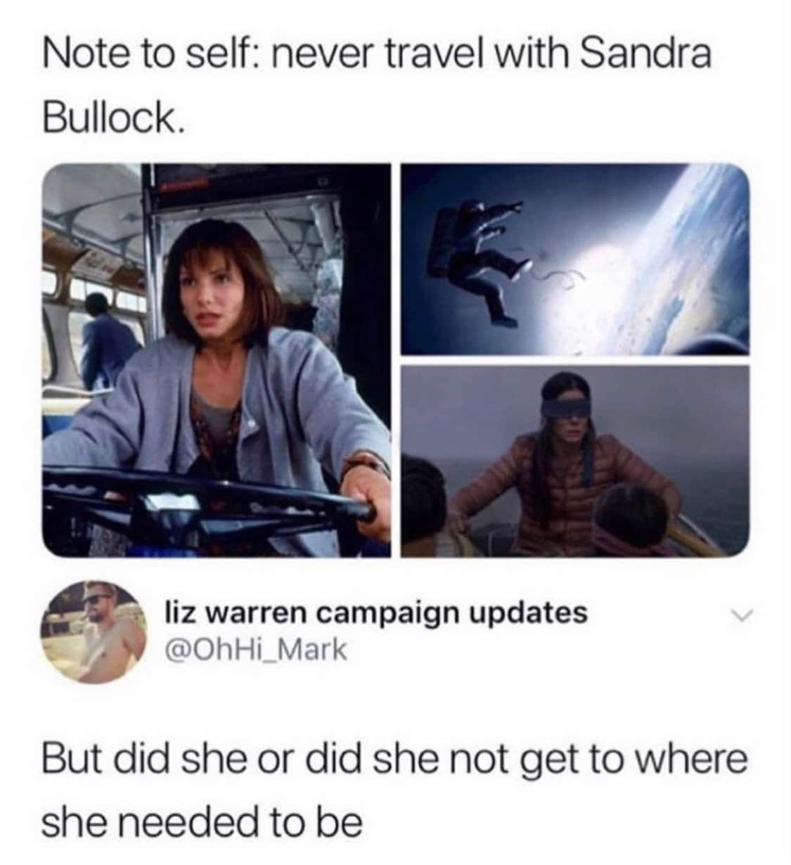 bird box memes funny - Note to self never travel with Sandra Bullock. liz warren campaign updates But did she or did she not get to where she needed to be