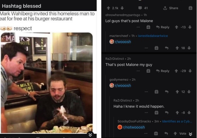post malone with mark wahlberg - 41 1 Hashtag blessed Mark Wahlberg invited this homeless man to eat for free at his burger restaurant respect Ma K'S Rite ohnowheredmypantsgo.th Lol guys that's post Malone 13 maztercheef. 1h iwrestledabeartwice rwooosh 2 