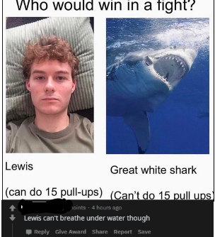 water - Who would win in a fight? Lewis Great white shark can do 15 pullups Can't do 15 pull ups points. 4 hours ago Lewis can't breathe under water though Give Award Report Save