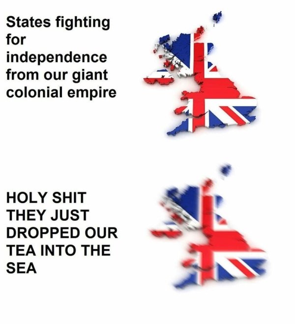 dank history memes - point - States fighting for independence from our giant colonial empire Holy Shit They Just Dropped Our Tea Into The Sea