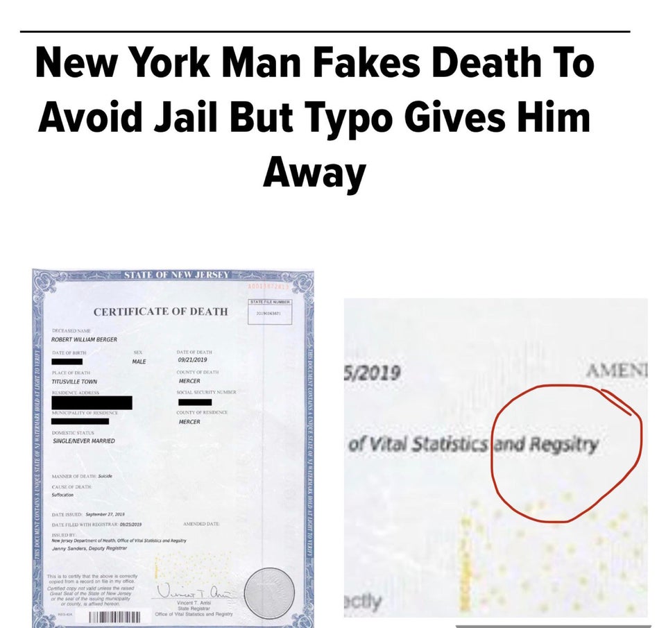 art institute of new york - New York Man Fakes Death To Avoid Jail But Typo Gives Him Away State Of New Jersey Statele Certificate Of Death Oeko Deceased Name Robert William Berger Date Of The Sex Male Date Of Dati 09212019 County Of Death Mercer Social S