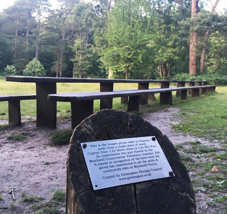 nature reserve - This is the longest picnic table in England made from a single piece of wood Crafted from a fir blown down in Lily Hall Park Its construction was part funded by the Bracknell Conservation Volunteers, Summer 20 It stands in recognition of 