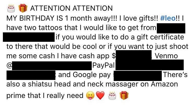 super entitled people - angle - Attention Attention My Birthday Is 1 month away!!! I love gifts!! !! | have two tattoos that I would to get from if you would to do a gift certificate to there that would be cool or if you want to just shoot me some cash I 