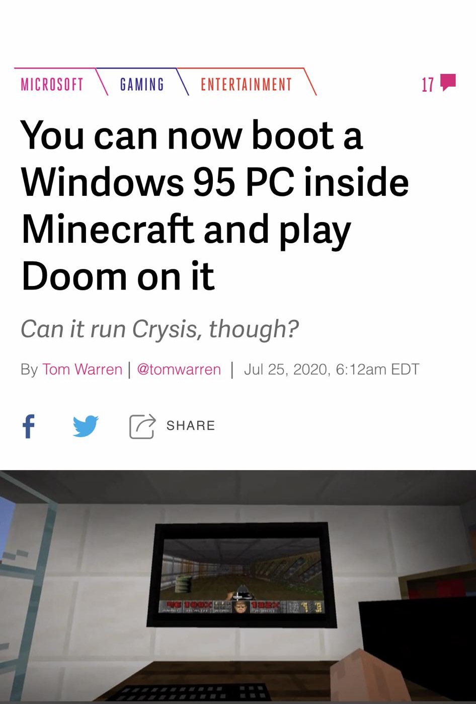 multimedia - Microsoft Gaming Entertainment 17 You can now boot a Windows 95 Pc inside Minecraft and play Doom on it Can it run Crysis, though? By Tom Warren | | , am Edt f |