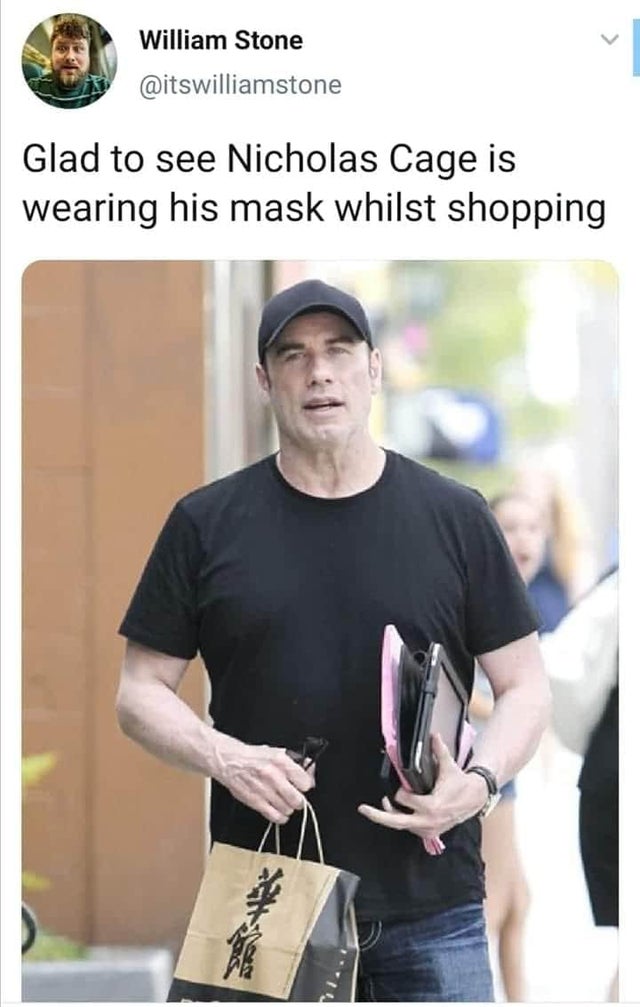 t shirt - William Stone Glad to see Nicholas Cage is wearing his mask whilst shopping