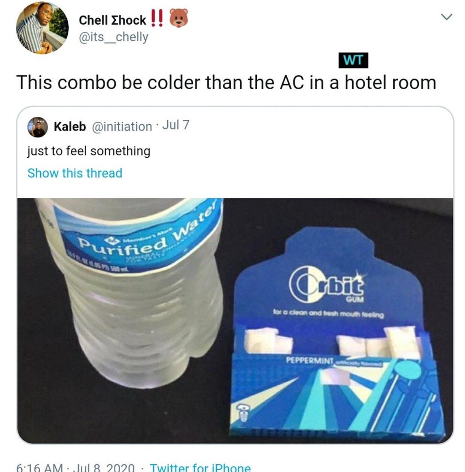 water - Chell Shock !! Wt This combo be colder than the Ac in a hotel room Kaleb Jul 7 just to feel something Show this thread Water Purified Gum for a clean and fresh mouth feeling Peppermint em Twitter for iPhone