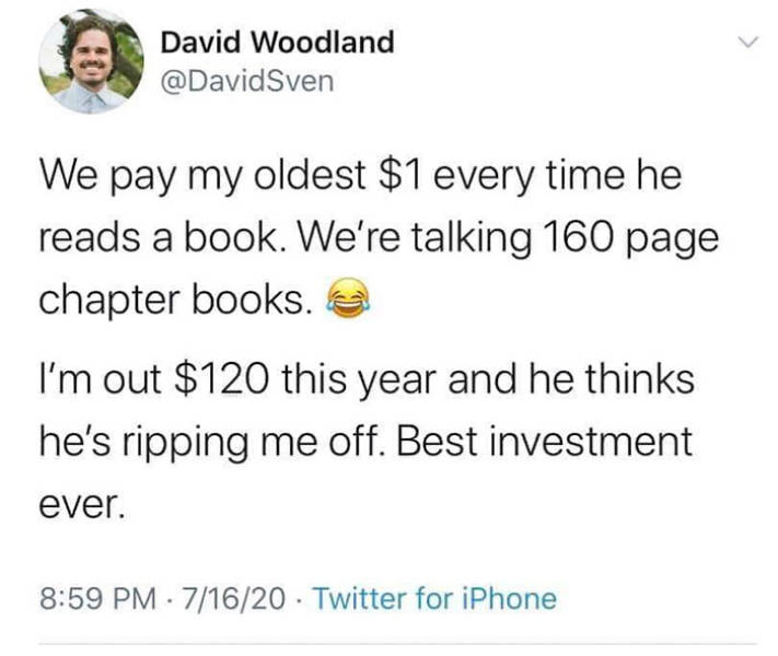 stronk meme - David Woodland Sven We pay my oldest $1 every time he reads a book. We're talking 160 page chapter books. I'm out $120 this year and he thinks he's ripping me off. Best investment ever. 71620 Twitter for iPhone