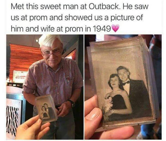 photo caption - Met this sweet man at Outback. He saw us at prom and showed us a picture of him and wife at prom in 1949 Outs