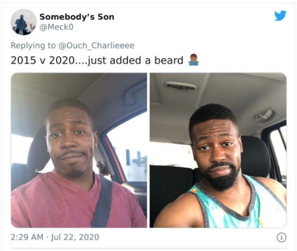 photo caption - Somebody's Son 2015 v 2020....just added a beard