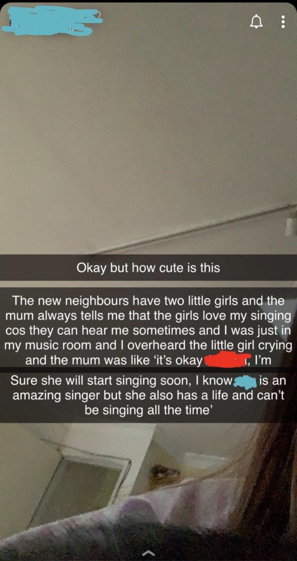 screenshot - Okay but how cute is this The new neighbours have two little girls and the mum always tells me that the girls love my singing cos they can hear me sometimes and I was just in my music room and I overheard the little girl crying and the mum wa