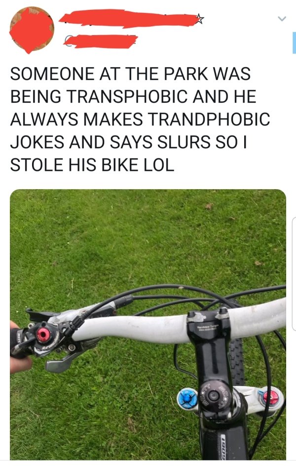 grass - Someone At The Park Was Being Transphobic And He Always Makes Trandphobic Jokes And Says Slurs So I Stole His Bike Lol