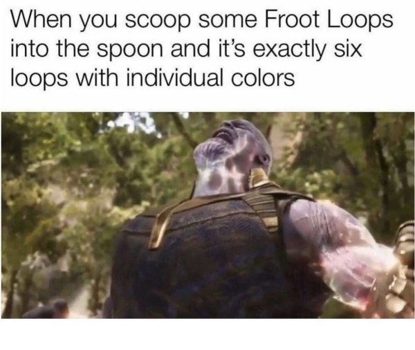 thanos memes - When you scoop some Froot Loops into the spoon and it's exactly six loops with individual colors