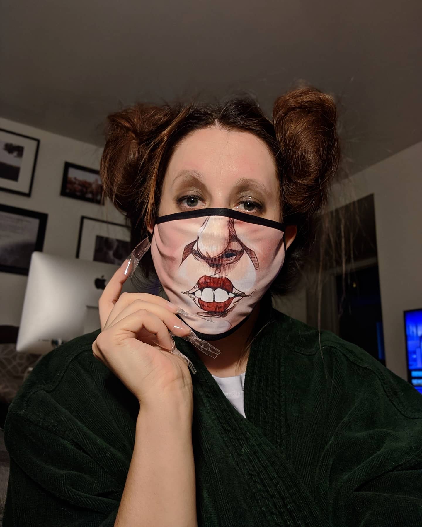 woman wearing funny face mask