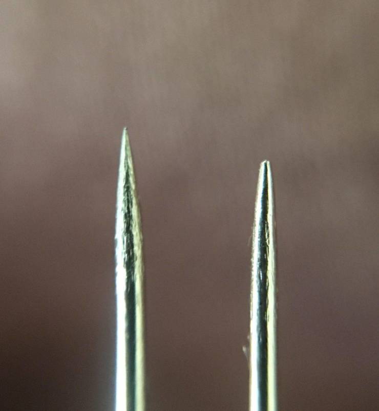 “New sewing needle vs sewing needle after for months of sewing.”