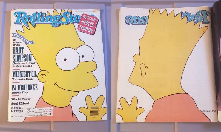 “The front cover and last page of a 1990 Rolling Stone Bart Simpson magazine I found in my things.”