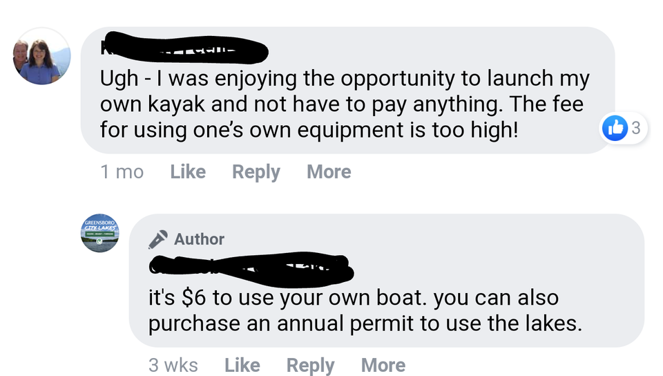 multimedia - Ugh I was enjoying the opportunity to launch my own kayak and not have to pay anything. The fee for using one's own equipment is too high! 103 1 mo More Greensboro City Lake Author it's $6 to use your own boat. you can also purchase an annual