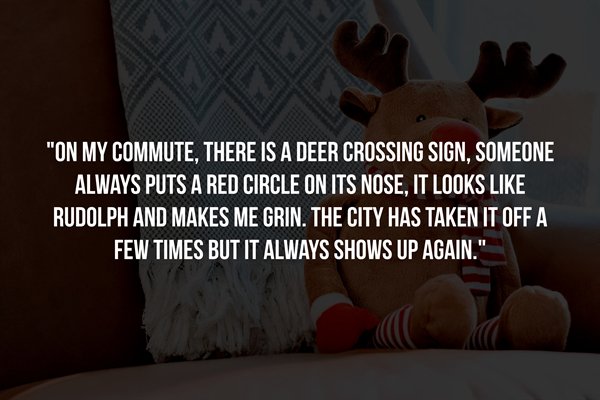 book your show - "On My Commute, There Is A Deer Crossing Sign, Someone Always Puts A Red Circle On Its Nose, It Looks Rudolph And Makes Me Grin. The City Has Taken It Off A Few Times But It Always Shows Up Again."