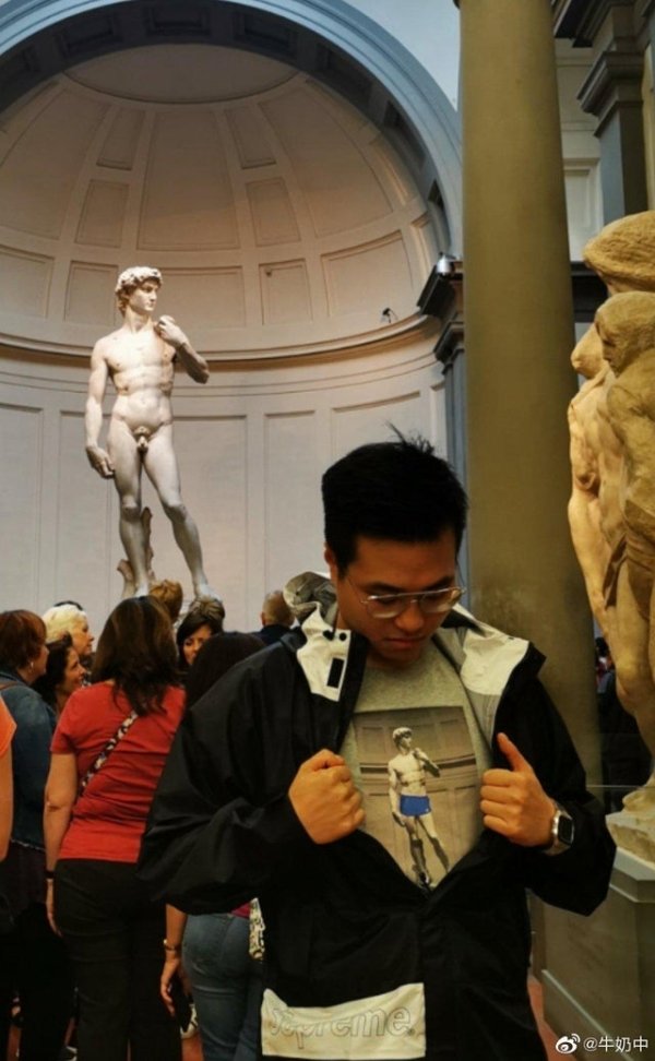 guy at the statue of david wearing a statue of david shirt
