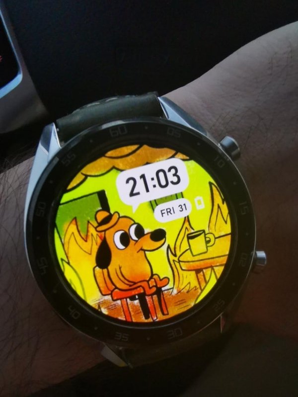 watch face that's illustration of dog sitting inside flaming house saying this is fine