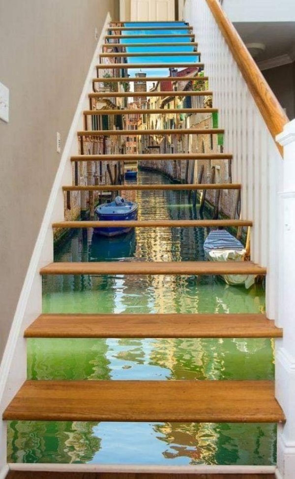 funky staircase with photos printed on the steps