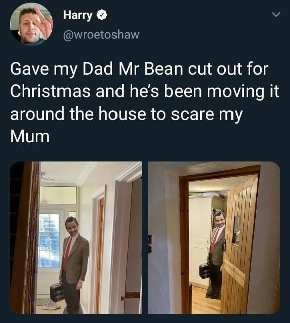 mr bean memes - Harry Gave my Dad Mr Bean cut out for Christmas and he's been moving it around the house to scare my Mum
