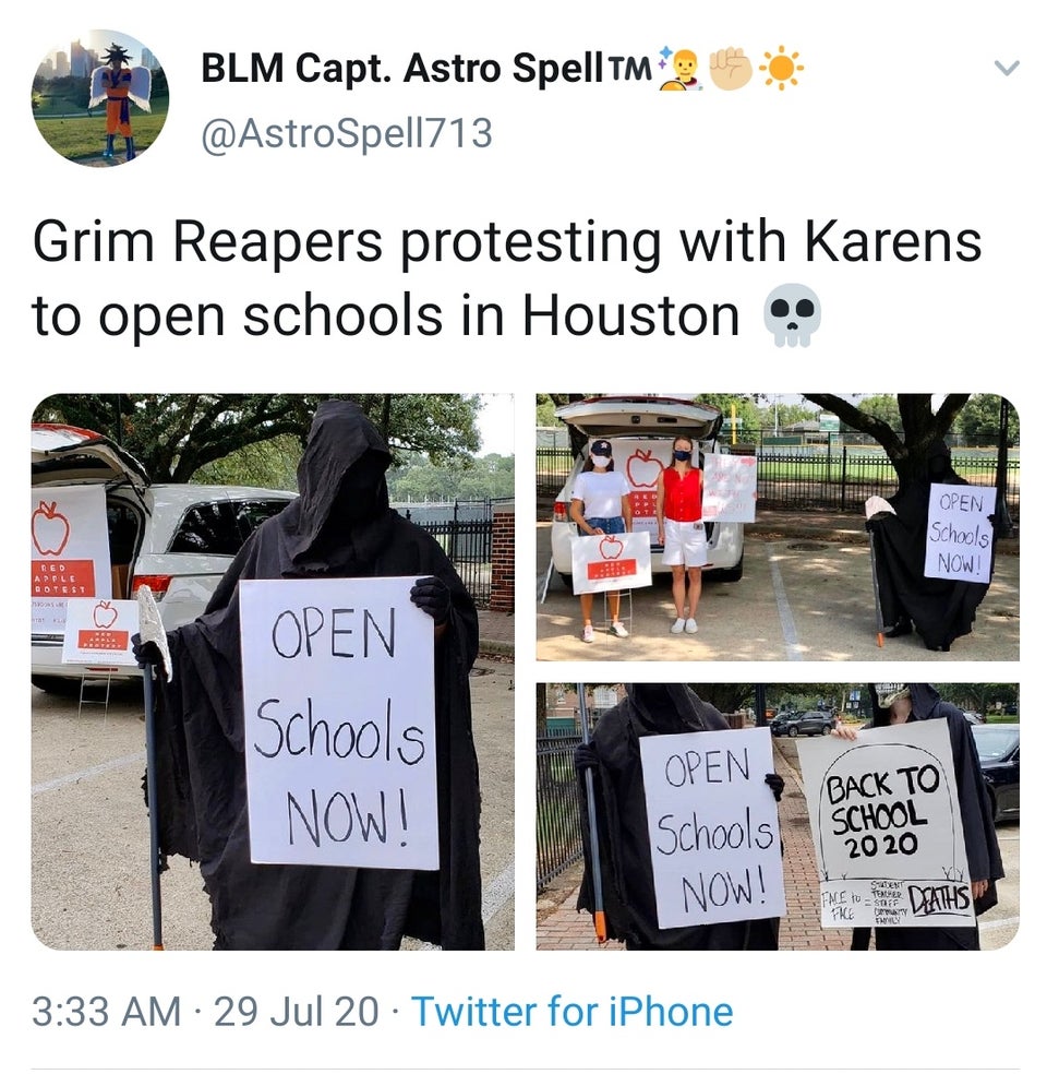 vehicle - Blm Capt. Astro SpellTM Grim Reapers protesting with Karens to open schools in Houston Open Schools Now Red Apple Gotest Moose Open Schools Now! Open Schools Back To School 2020 Now! Fme 10 Sneg St Tenee umu Wy Deaths Tkce 29 Jul 20 Twitter for 