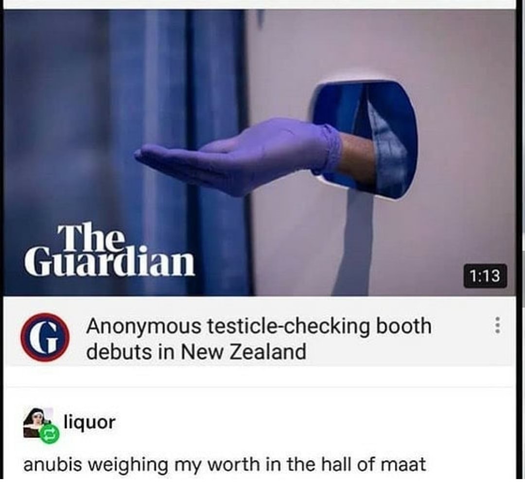 plastic - The.. Guardian G Anonymous testiclechecking booth debuts in New Zealand liquor anubis weighing my worth in the hall of maat