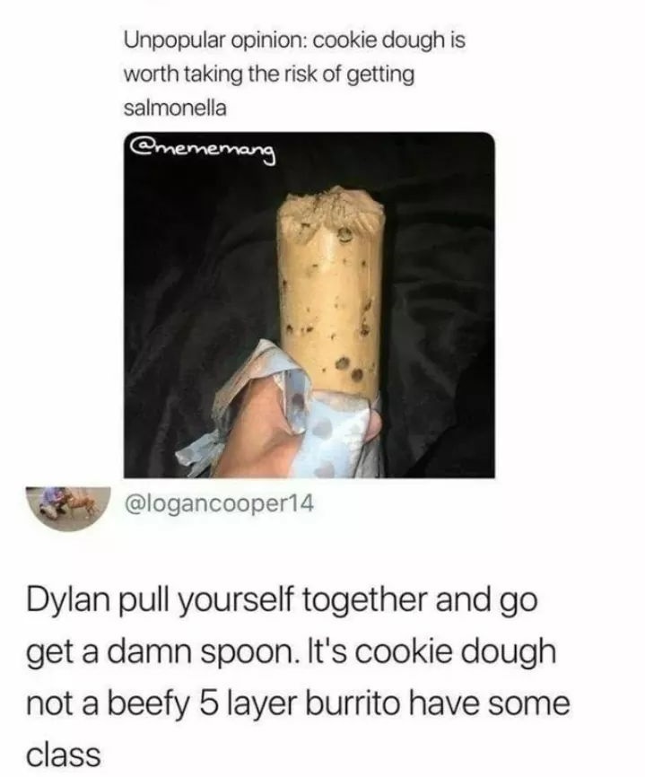 cookie dough meme - Unpopular opinion cookie dough is worth taking the risk of getting salmonella Dylan pull yourself together and go get a damn spoon. It's cookie dough not a beefy 5 layer burrito have some class