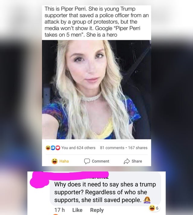 missed the joke - blond - This is Piper Perri. She is young Trump supporter that saved a police officer from an attack by a group of protestors, but the media won't show it. Google