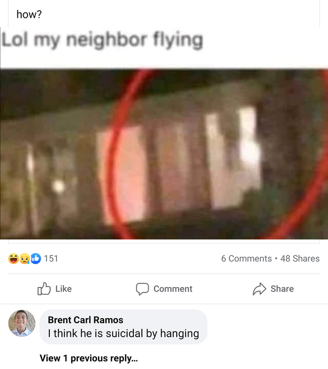 missed the joke - qoutes - how? Lol my neighbor flying 151 6 . 48 Comment Brent Carl Ramos I think he is suicidal by hanging View 1 previous ...