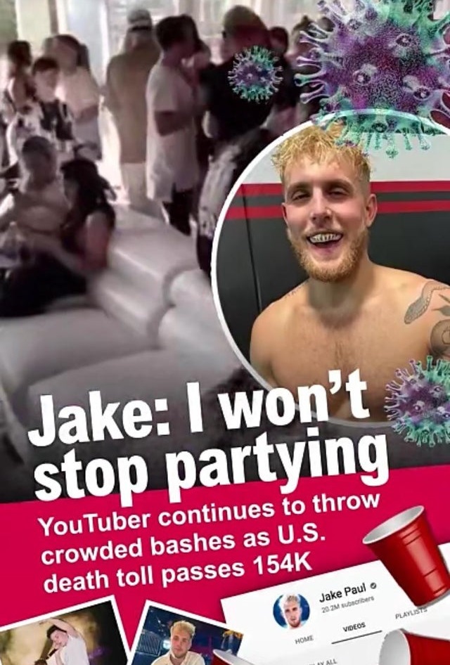 muscle - Jake I won't stop partying YouTuber continues to throw crowded bashes as U.S. death toll passes Jake Paulo 202Mere Plavljsts Vdeos Home All